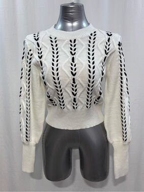 NTW COMMENSE White Contrast Binding Cinched Cable Knit Sweater Large trendy 434